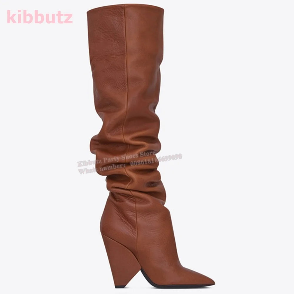 Over The Knee Boots Genuine Leather Pleated Solid Color Brown Pointed Toe Kitten Heel Fashion Sexy Elegant Women Shoes Newest - Mammalook