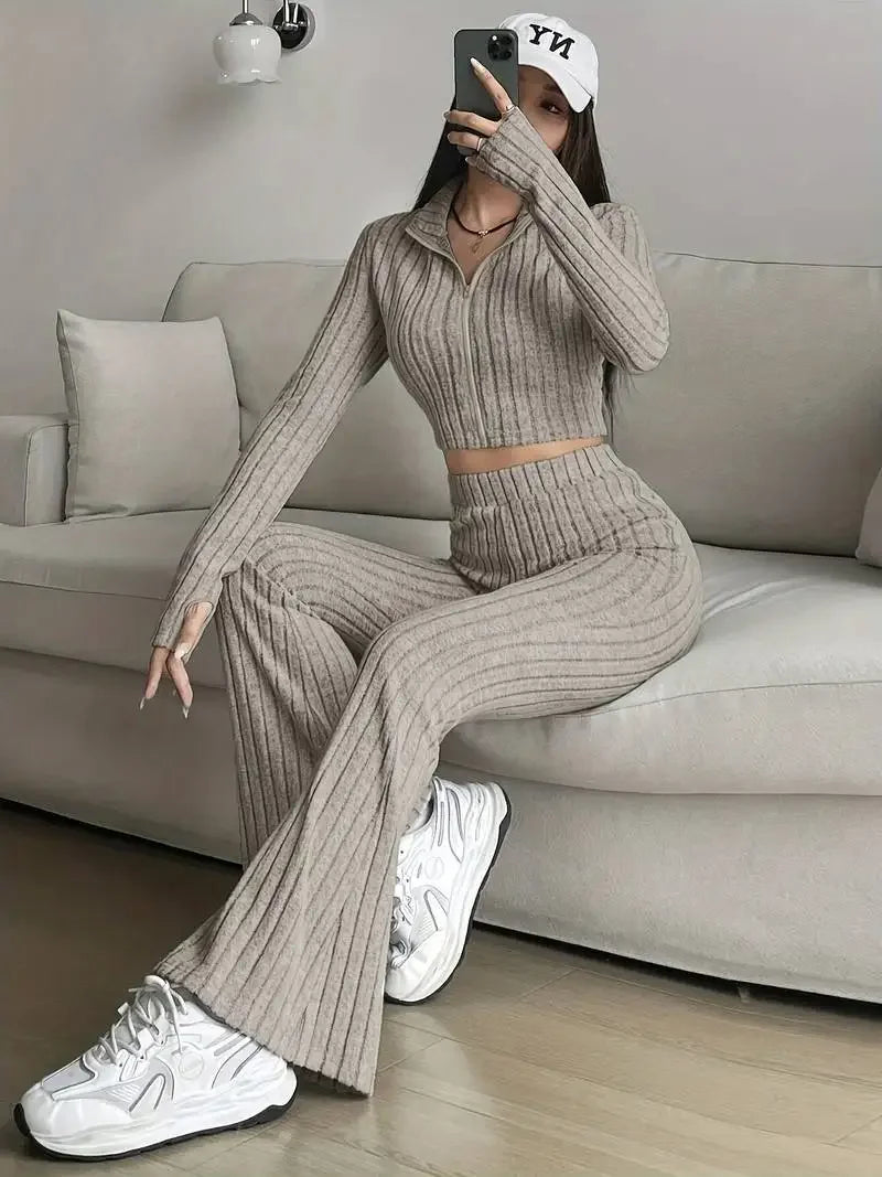 2-Piece Set: Zipper Long Sleeve Cropped Top and High-Waisted Bell-Bottom Pants