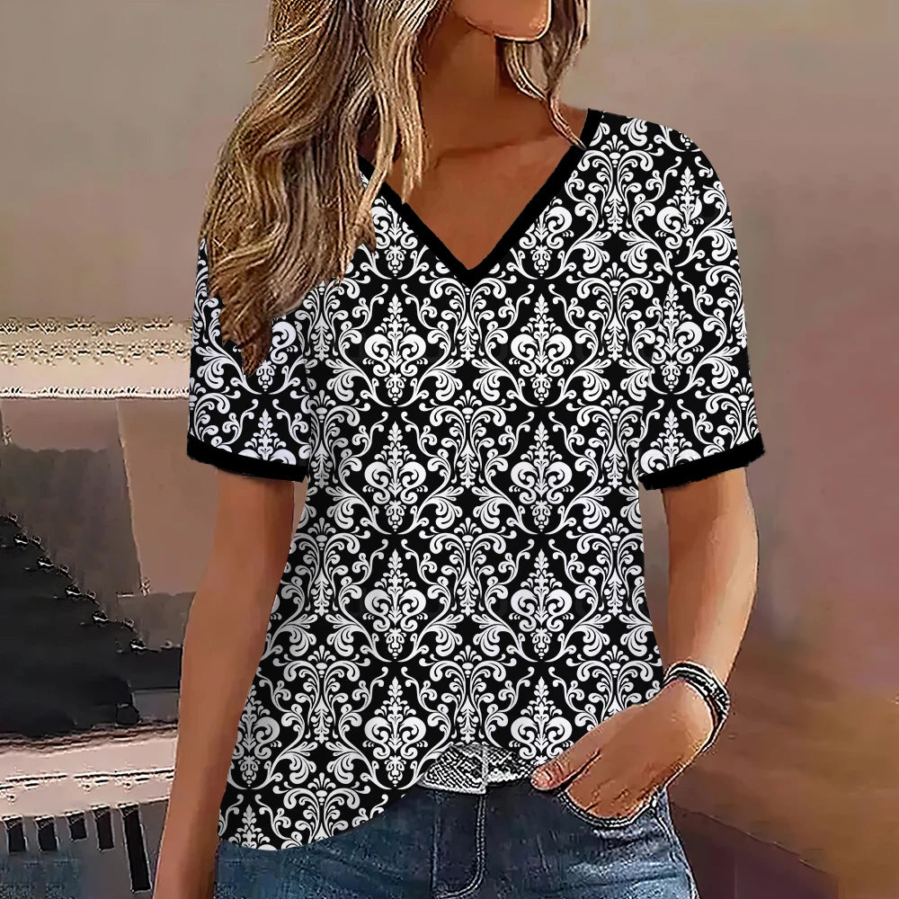 Fashion Women T Shirt Stripes Print Gradient V Neck Short Sleeve Basic Tops Streetwear Summer Oversized Clothing Female T-Shirts - Mammalook
