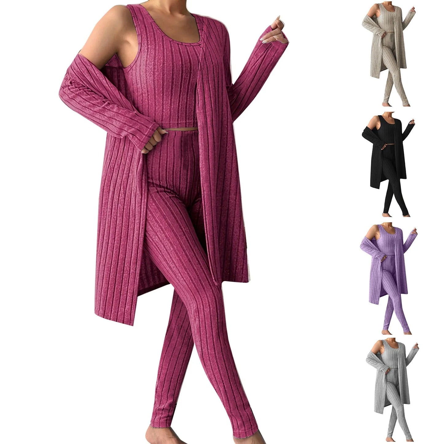 3-Piece Ribbed Knit Pajama Set