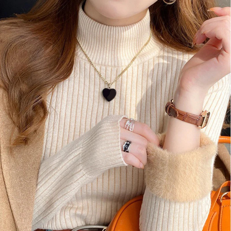 Women's Turtleneck Sweater Winter Retro Red With Velvet Lining Thickened Wear Knitting Thermal Bottoming Shirt - Mammalook
