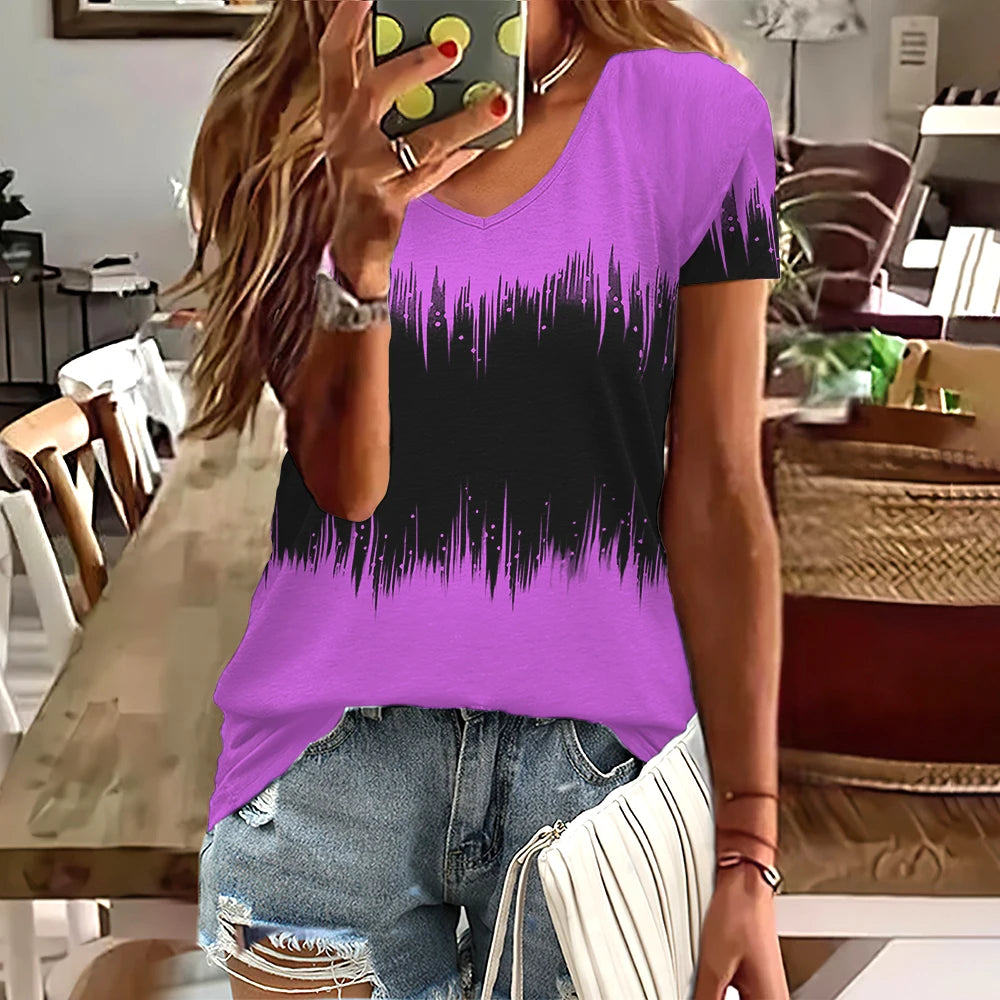 Fashion Women T Shirt Stripes Print Gradient V Neck Short Sleeve Basic Tops Streetwear Summer Oversized Clothing Female T-Shirts - Mammalook