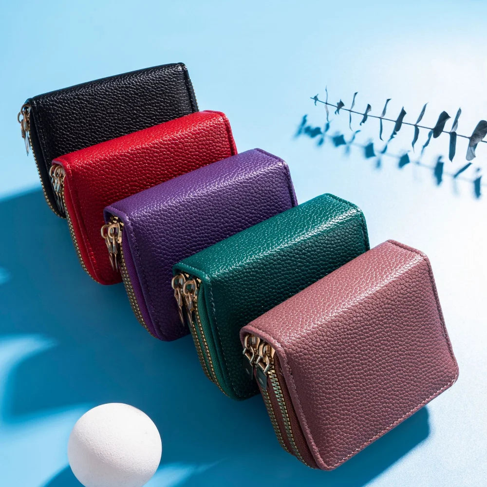 New Double Zipper Wallet Women's Short Wallet PU Leather Credit Card Holder Multi Card Slot Wallet Large Capacity Coin Bag Purse - Mammalook