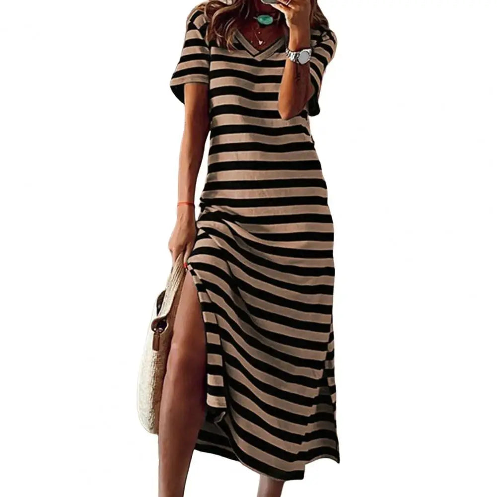 Summer Dresses 2024 Woman Plus Size Dresses For Women Casual Stripe Print V-neck Short Sleeve Loose Long Dress Robe Femme - Mammalook