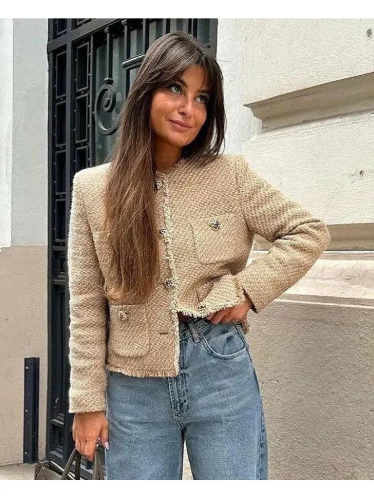 Women’s Chic Tweed Jacket – Long Sleeve Wool-Blend Buttoned Coat
