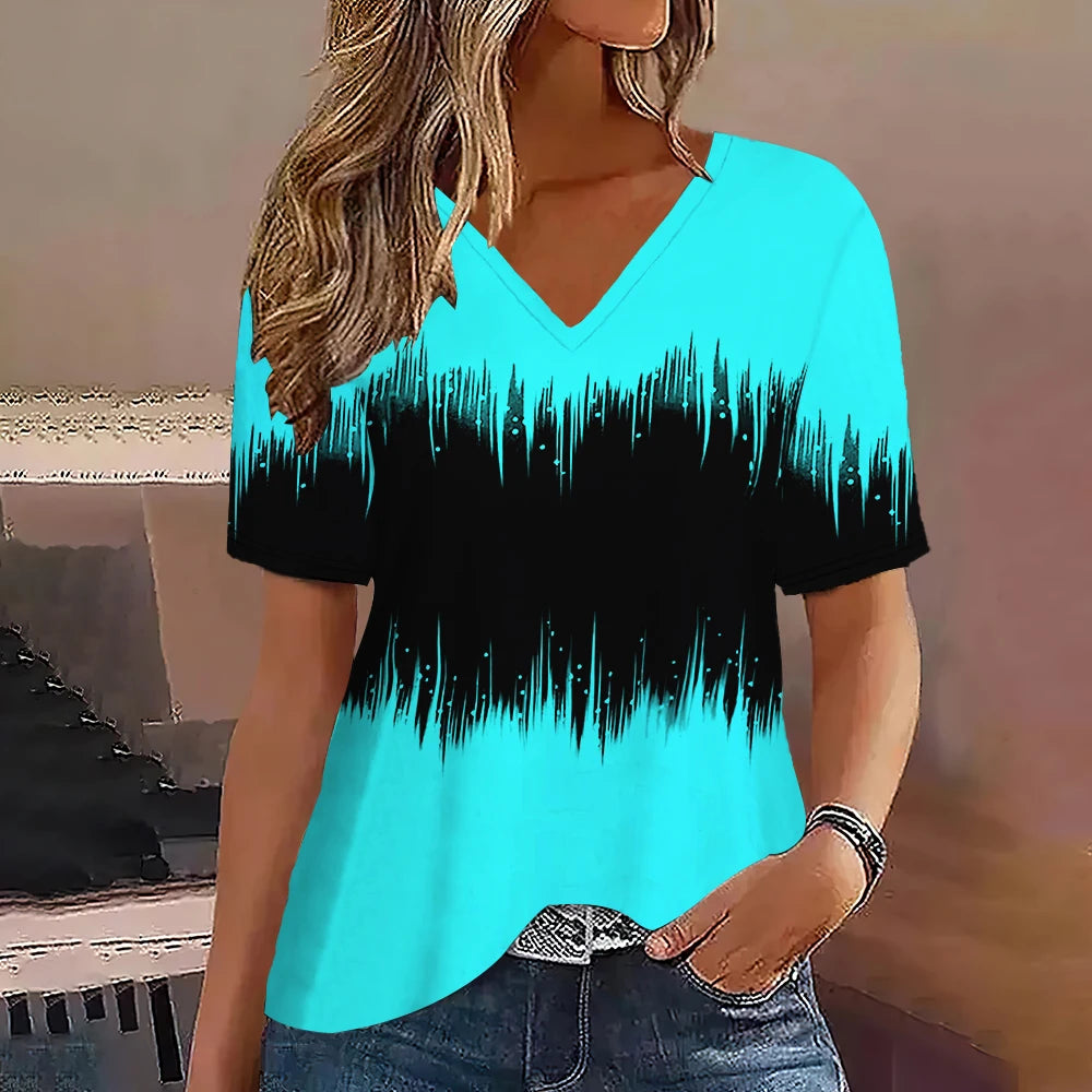 Fashion Women T Shirt Stripes Print Gradient V Neck Short Sleeve Basic Tops Streetwear Summer Oversized Clothing Female T-Shirts - Mammalook
