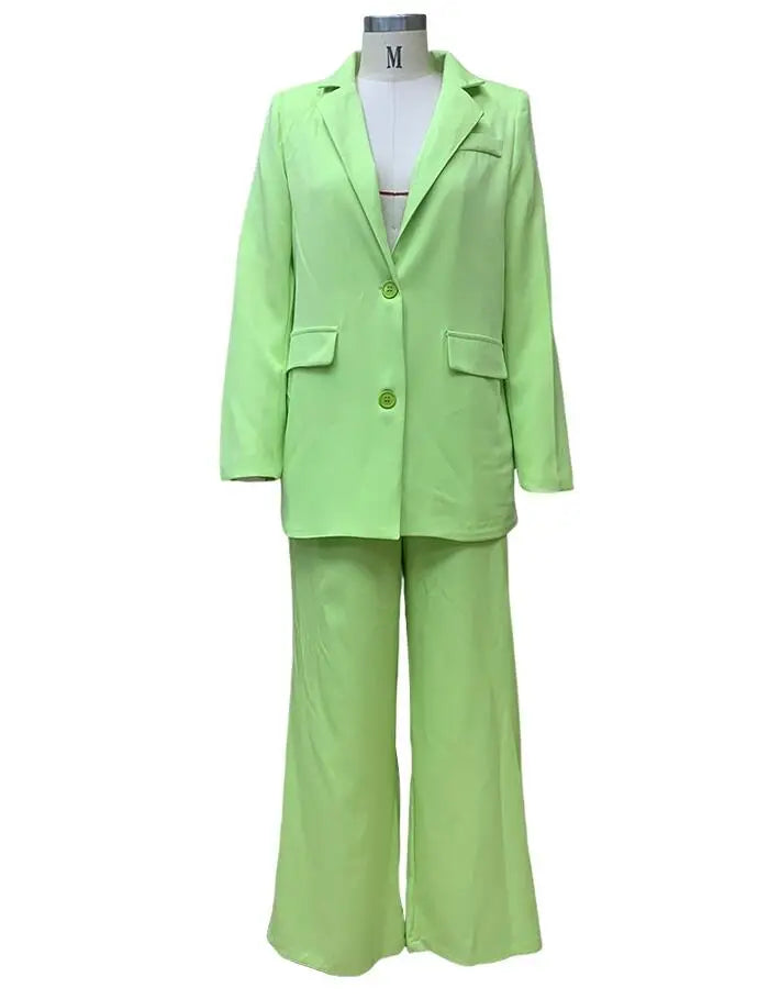 Solid Turn-Down Collar Coat & Wide Leg Trousers