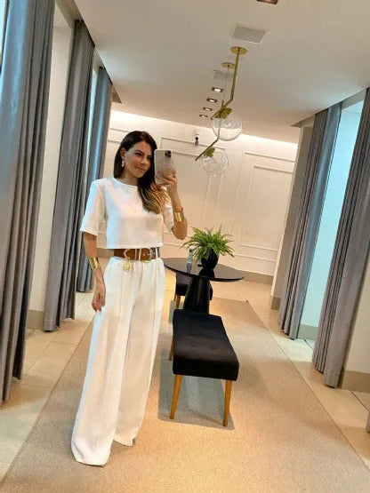 Two-Piece Set: Short Sleeve Top with Wide-Leg Long Pants