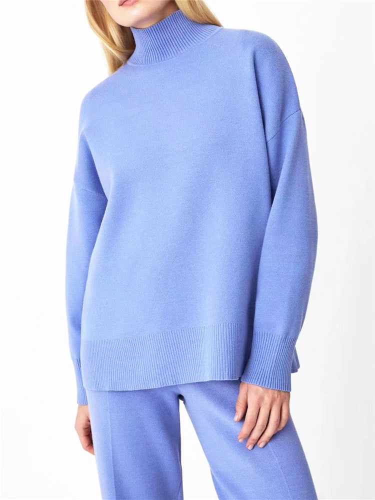 Two-Pieces Sets - Knitted Tracksuit Turtleneck Sweater and Straight Jogging Pants