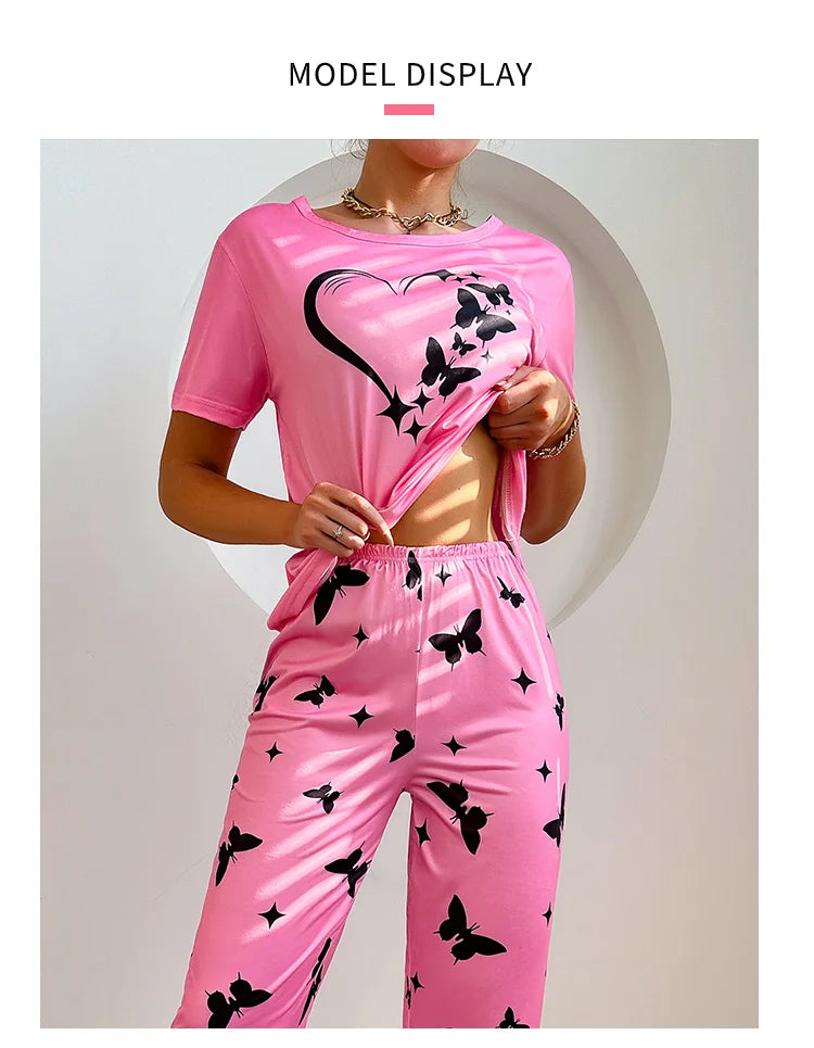 Pajamas Sets - Short Sleeve Tops With Pants Set Butterfly Printing