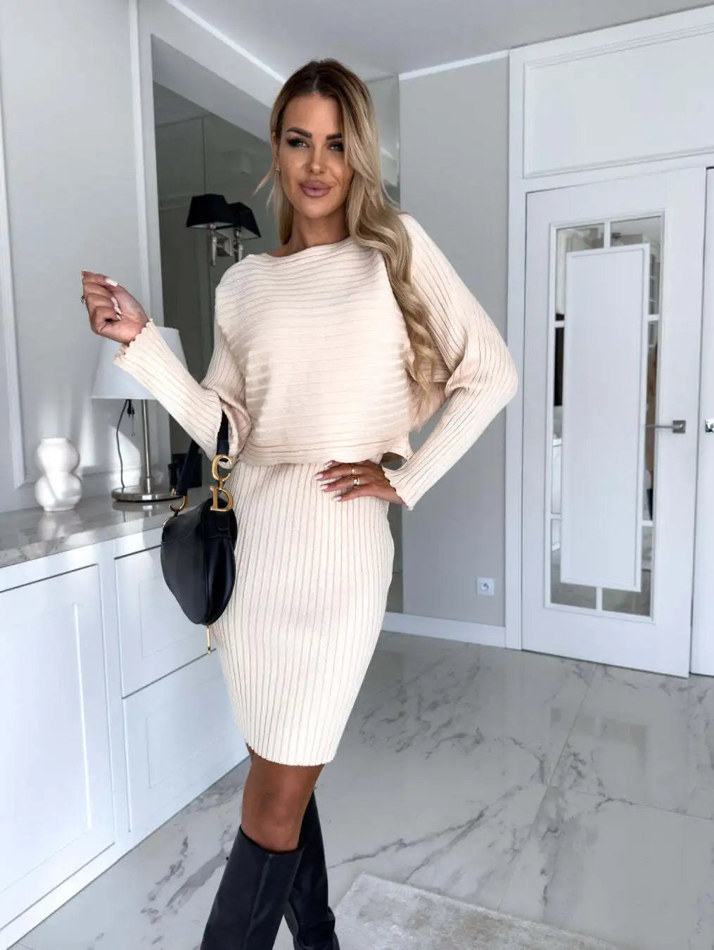 Women’s Autumn Winter 2-Piece Set – Elegant Long Sleeve Pullover & Dress