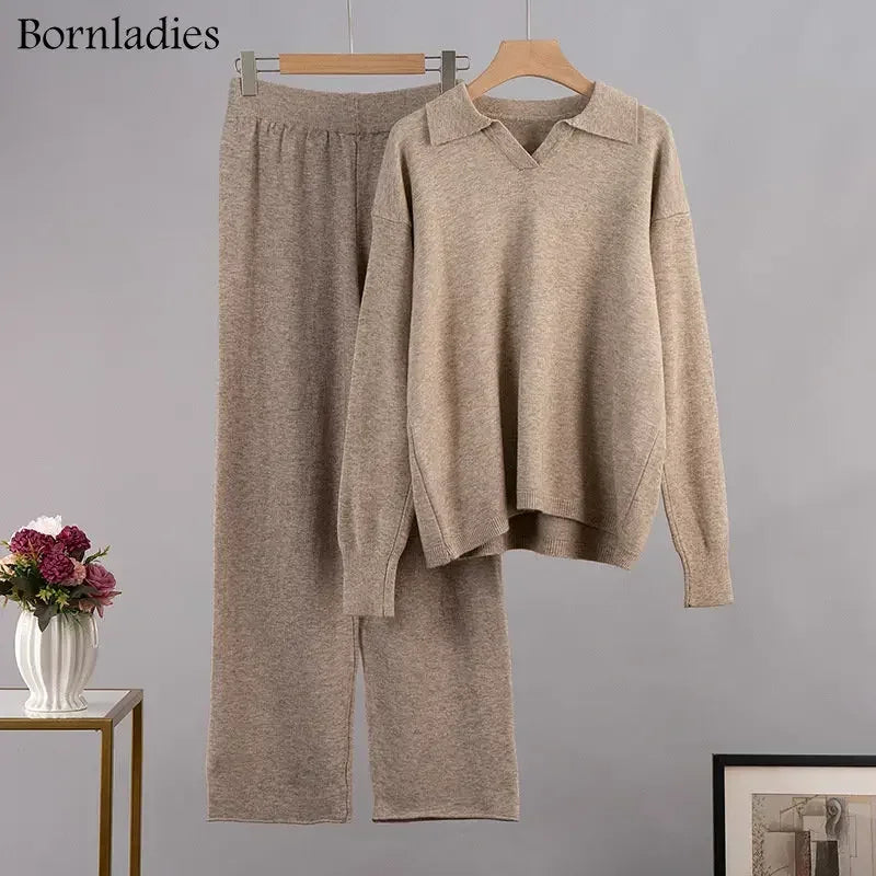 Two-Pieces Set -  Polo Neck Sweater & Wide Leg Pants Knitted Outfit