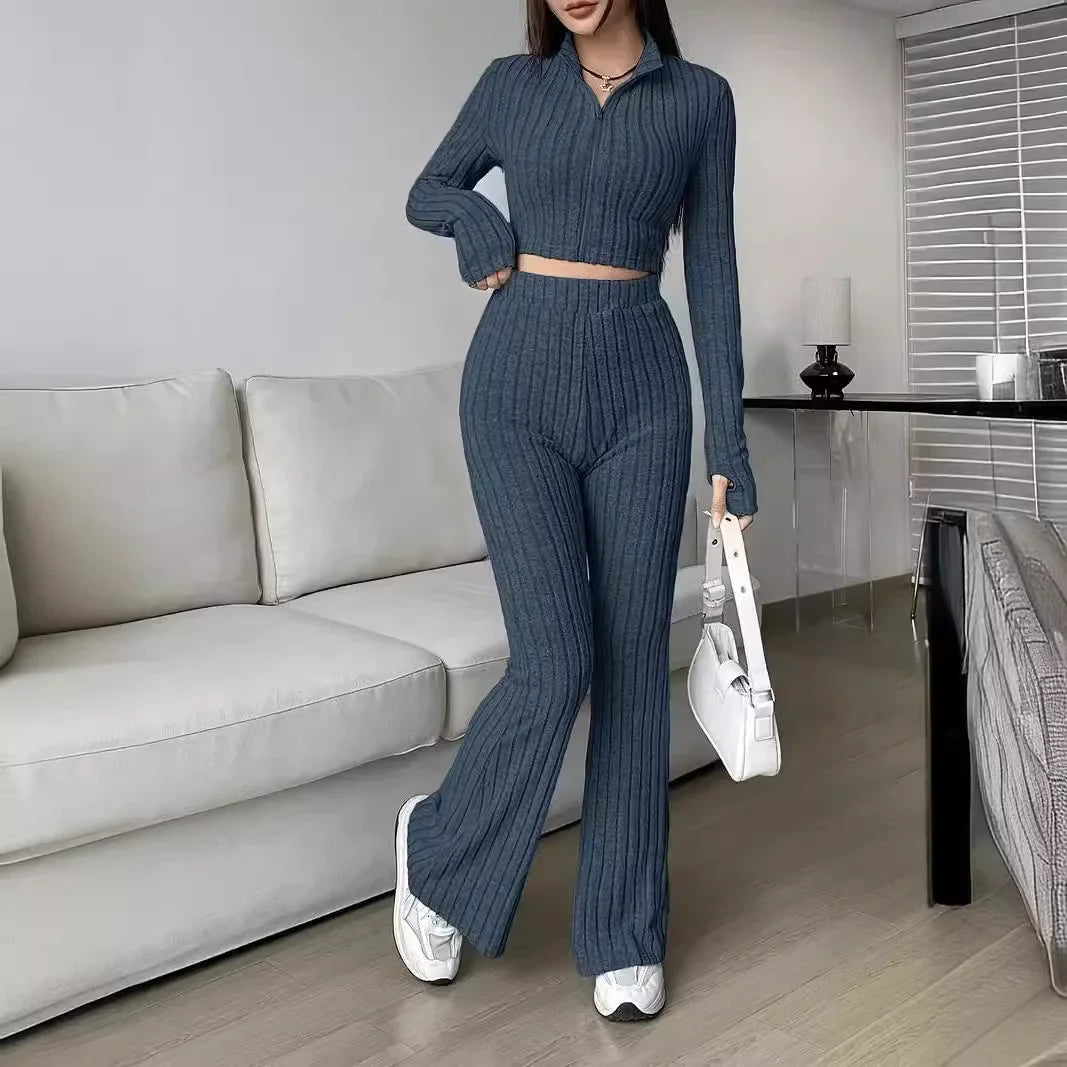 2-Piece Set: Zipper Long Sleeve Cropped Top and High-Waisted Bell-Bottom Pants