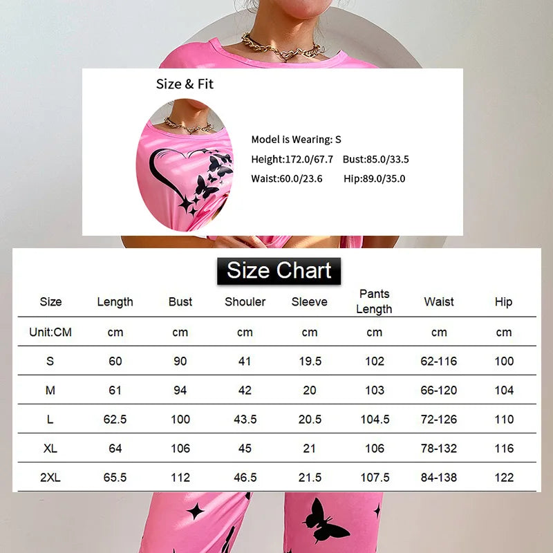 Pajamas Sets - Short Sleeve Tops With Pants Set Butterfly Printing