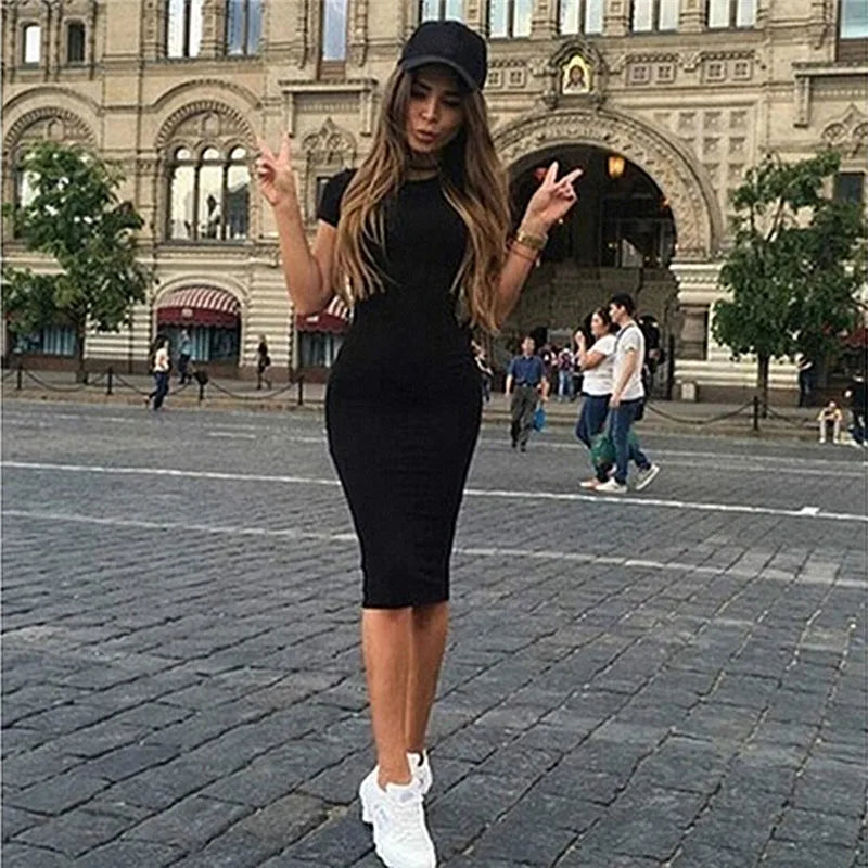 Summer Dresses Women Knee-Length Skinny Office Dress Short Sleeve Bandage Bodycon Beach Dress Vestidos Robes 3 Colors S-XL - Mammalook