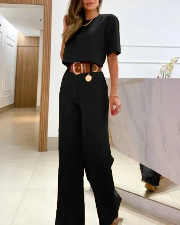 Two-Piece Set: Short Sleeve Top with Wide-Leg Long Pants