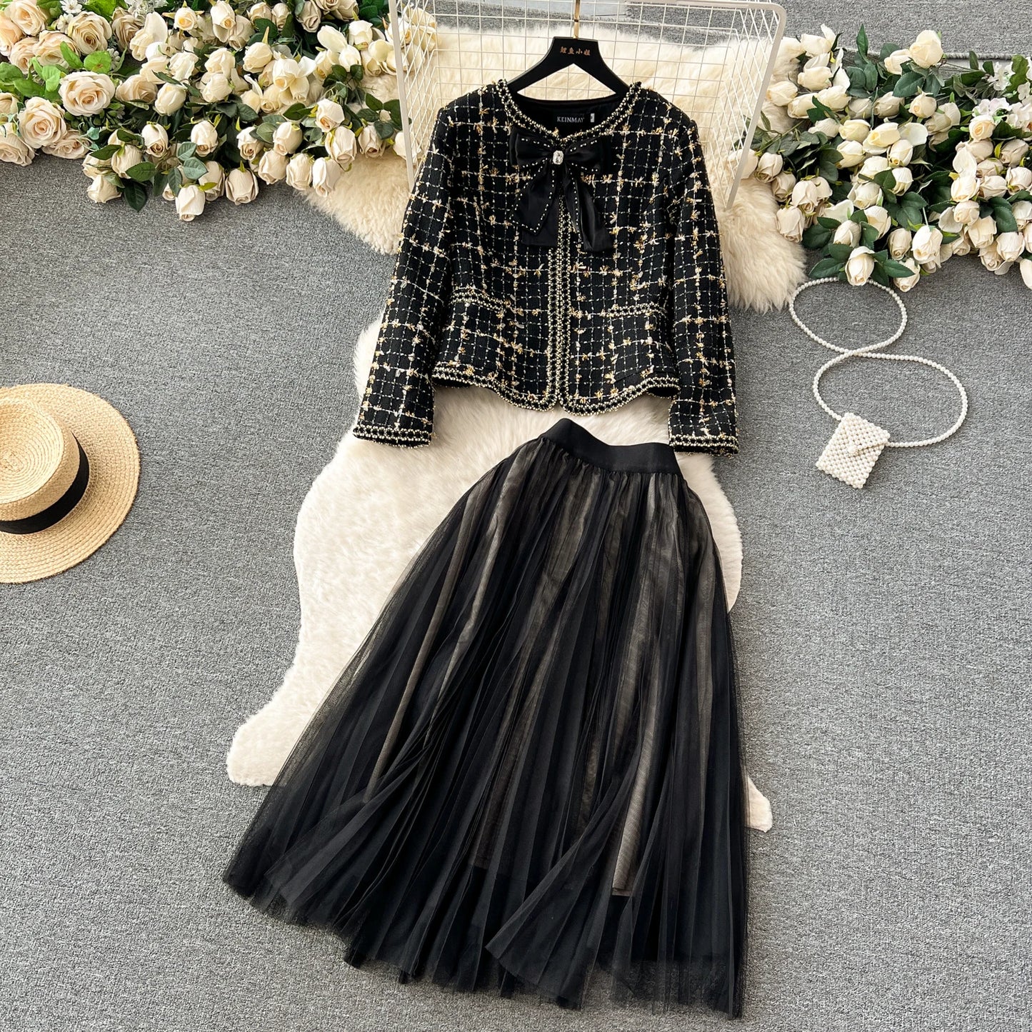 High Quality Plaid Suits Bow Chic Cardigan+Elastic Waist A Line Mesh Skirt