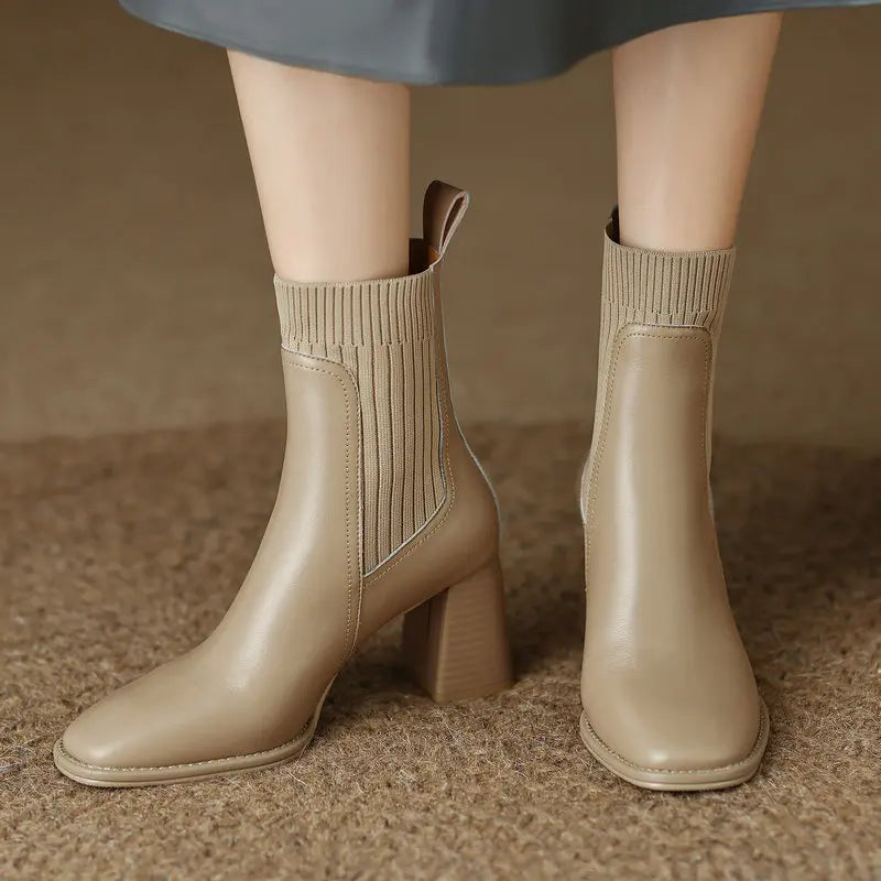 Women’s Genuine Leather Ankle Boots – Knitted High Heel Office Shoes