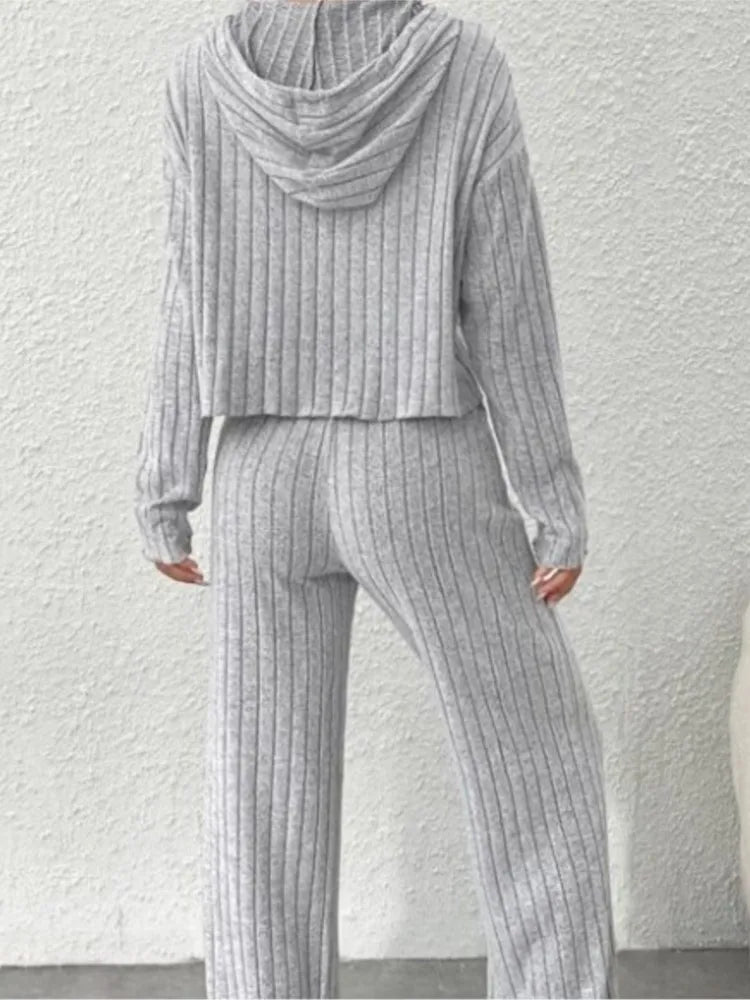 Two-piece Set - Casual Knitted Striped Hooded Sweatshirt Loose Long Sleeved, Long Pants