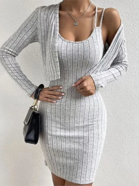 2-Piece Mini Dress Set – Double Strap Bodycon Vest & Long Sleeve Cardigan