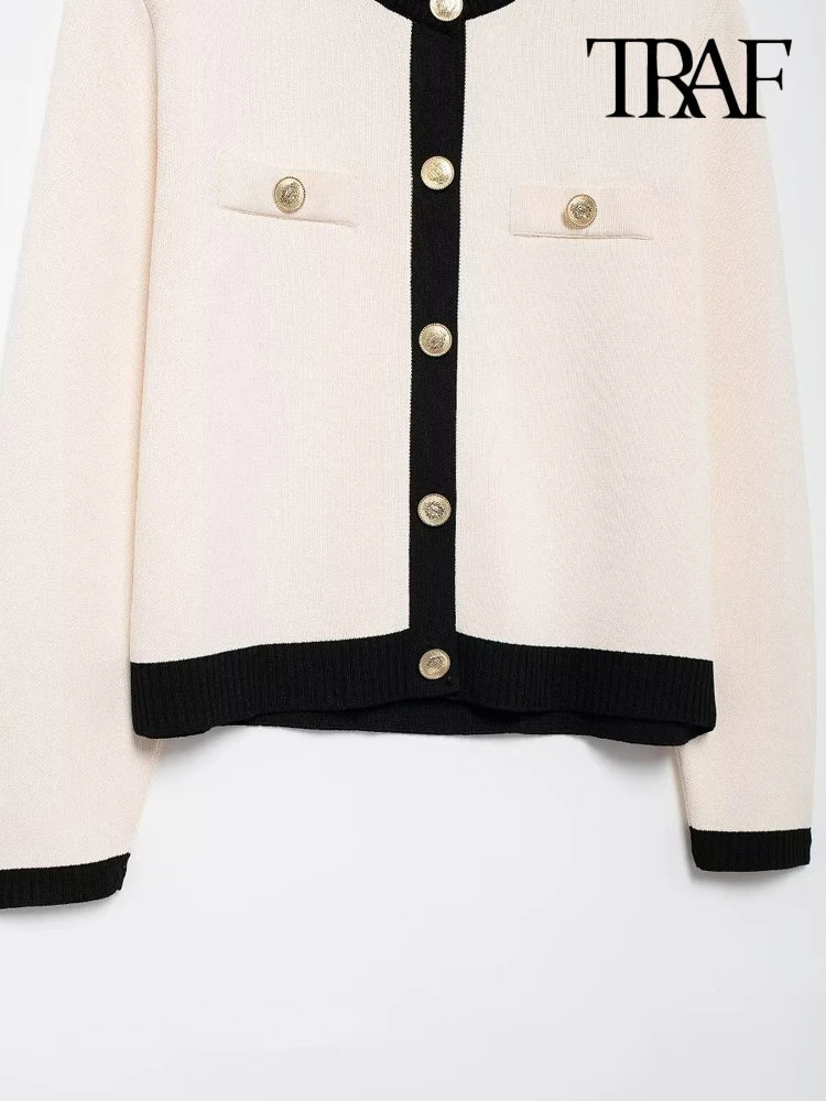 Knitted Cardigan with Golden Button, O-Neck Long-Sleeve