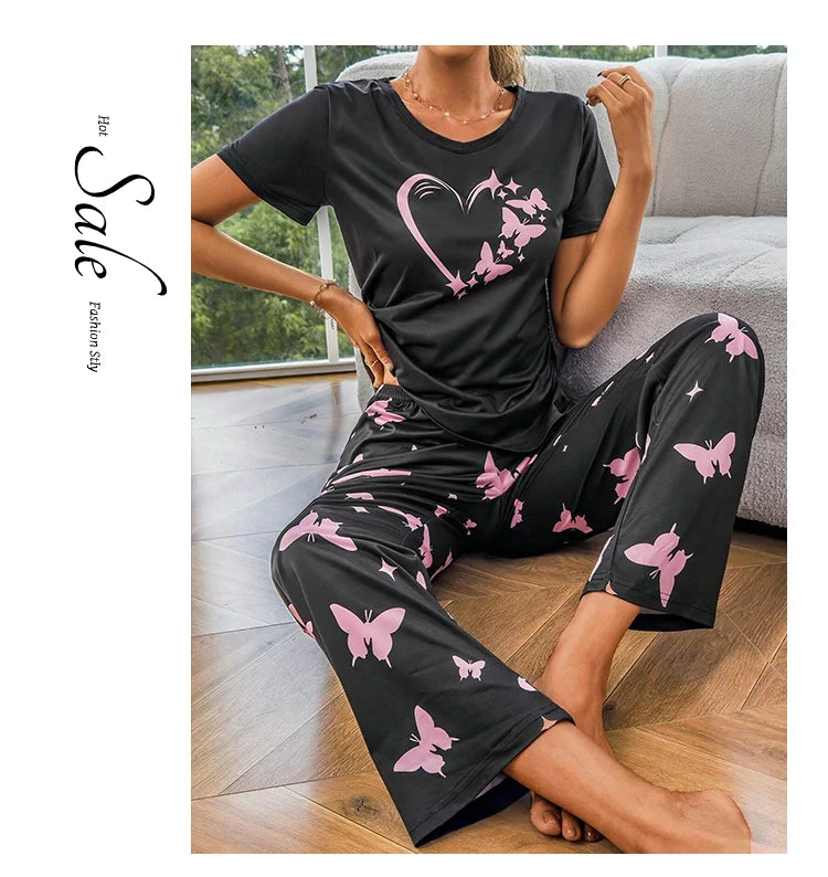 Pajamas Sets - Short Sleeve Tops With Pants Set Butterfly Printing