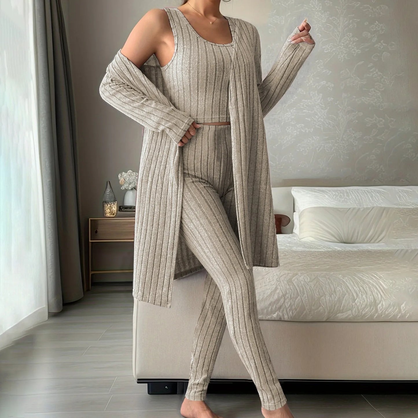 3-Piece Ribbed Knit Pajama Set