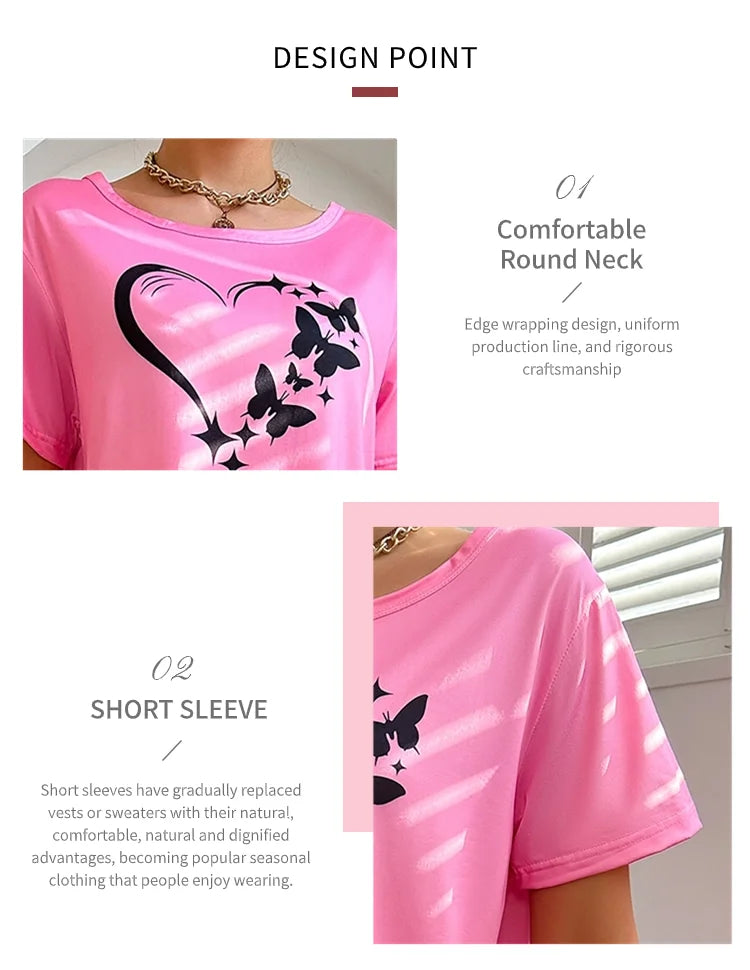 Pajamas Sets - Short Sleeve Tops With Pants Set Butterfly Printing