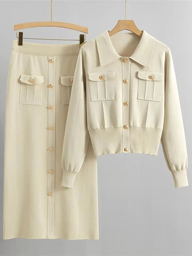 2-Piece Knit Set: Lapel Cropped Knitwear Pullover Top with Wrap-Style Ankle-Length Skirt Tracksuit