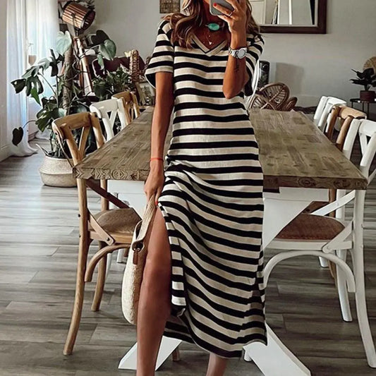 Summer Dresses 2024 Woman Plus Size Dresses For Women Casual Stripe Print V-neck Short Sleeve Loose Long Dress Robe Femme - Mammalook