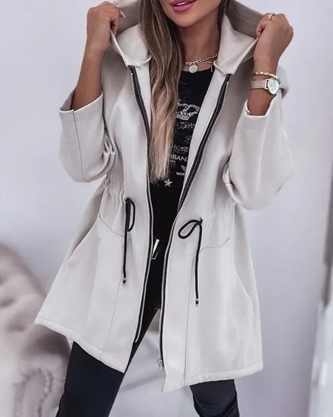 Hooded Zipper Coat - Long Section Pockets