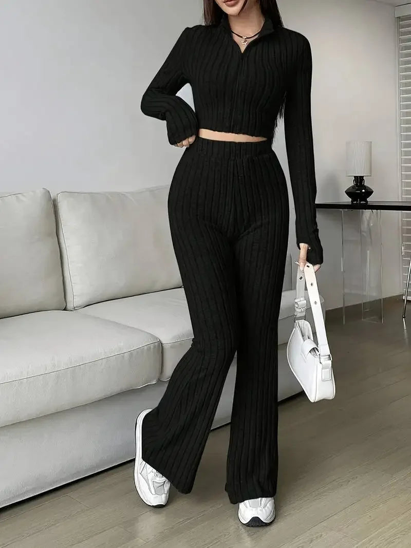 2-Piece Set: Zipper Long Sleeve Cropped Top and High-Waisted Bell-Bottom Pants