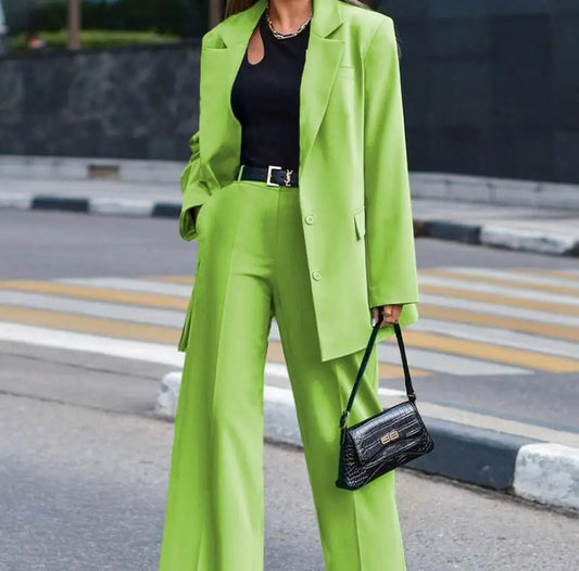 Solid Turn-Down Collar Coat & Wide Leg Trousers