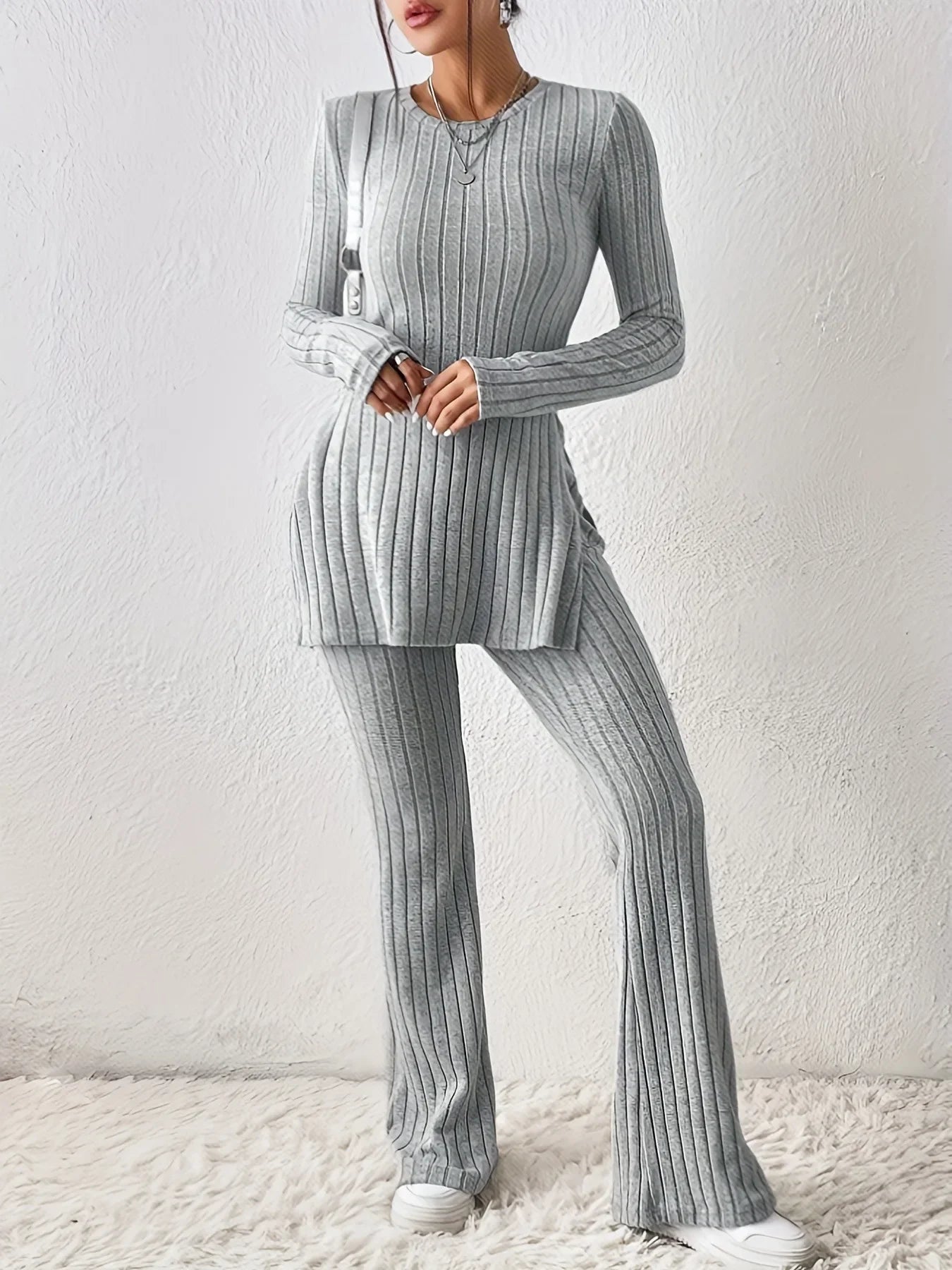 Ribbed Knit Loungewear Set – Long Sleeve Top & Trousers