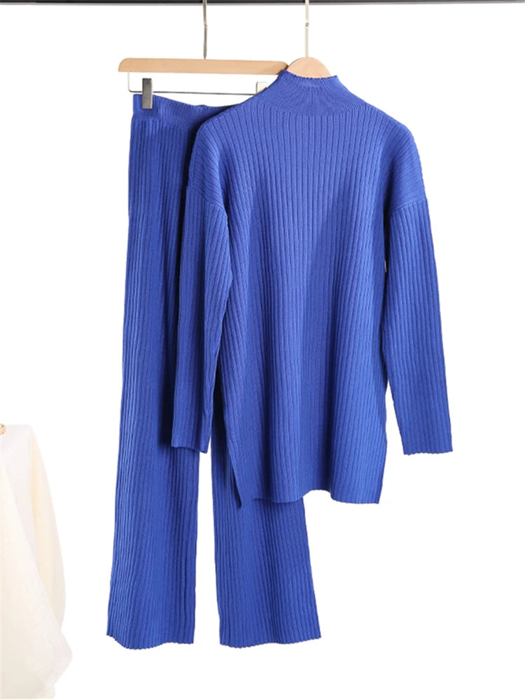 Two-Pieces Sets - Knitted Tracksuit Turtleneck Sweater and Straight Jogging Pants