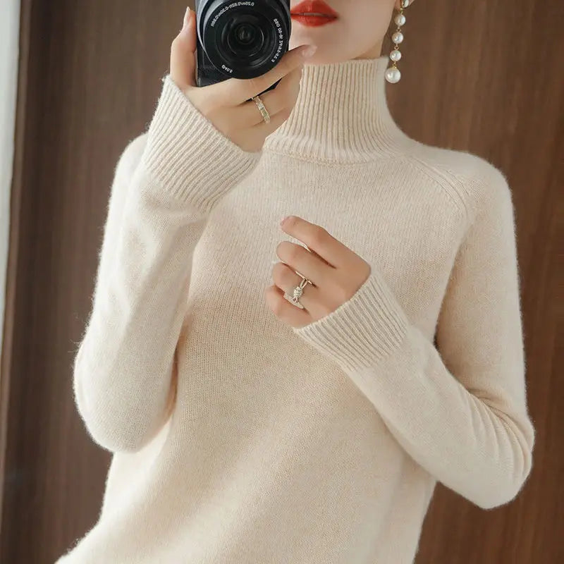 Turtleneck Pullover Fall/winter 2024 Cashmere Sweater Women Pure Color Casual Long-sleeved Loose Pullover Bottoming Women's - Mammalook