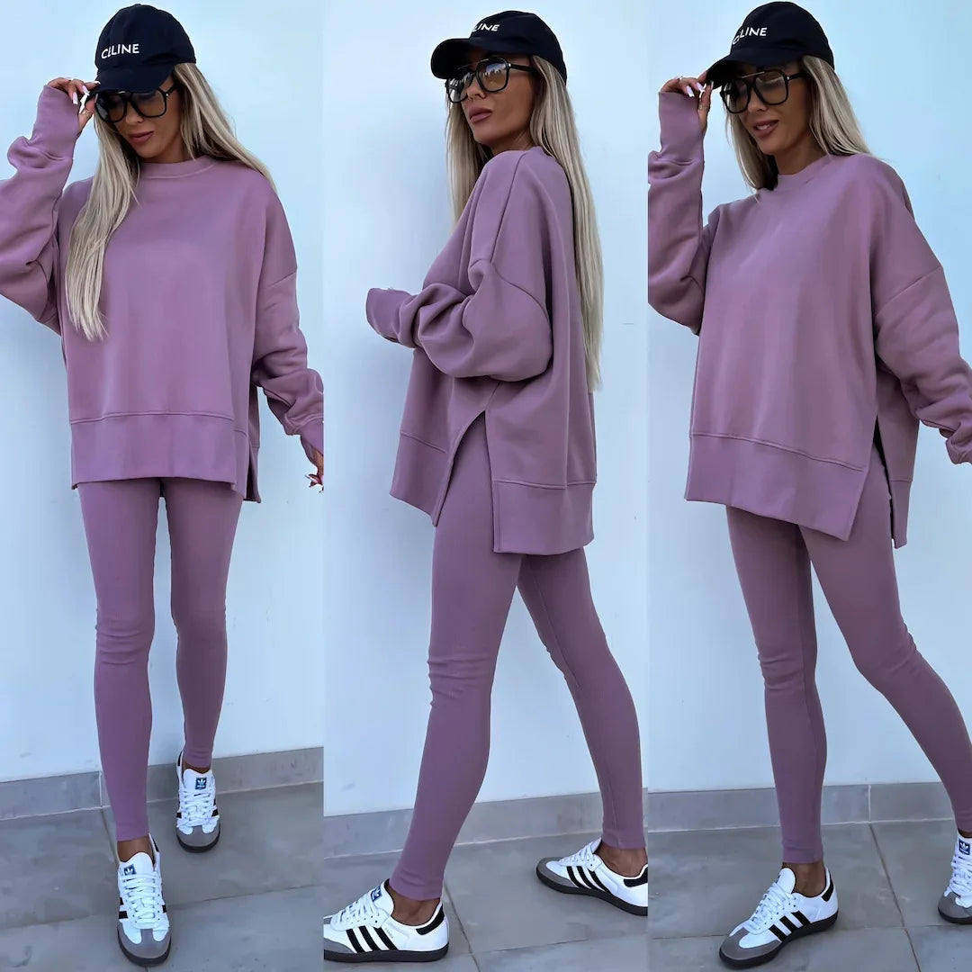 Two-Piece Tracksuit: Solid Loose Sweatshirt with Split Pullover and Pencil Pants