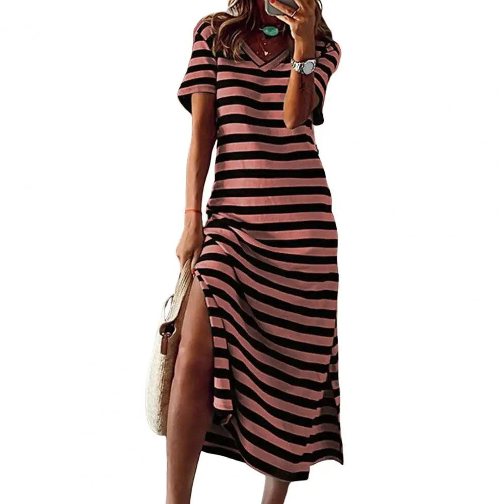 Summer Dresses 2024 Woman Plus Size Dresses For Women Casual Stripe Print V-neck Short Sleeve Loose Long Dress Robe Femme - Mammalook