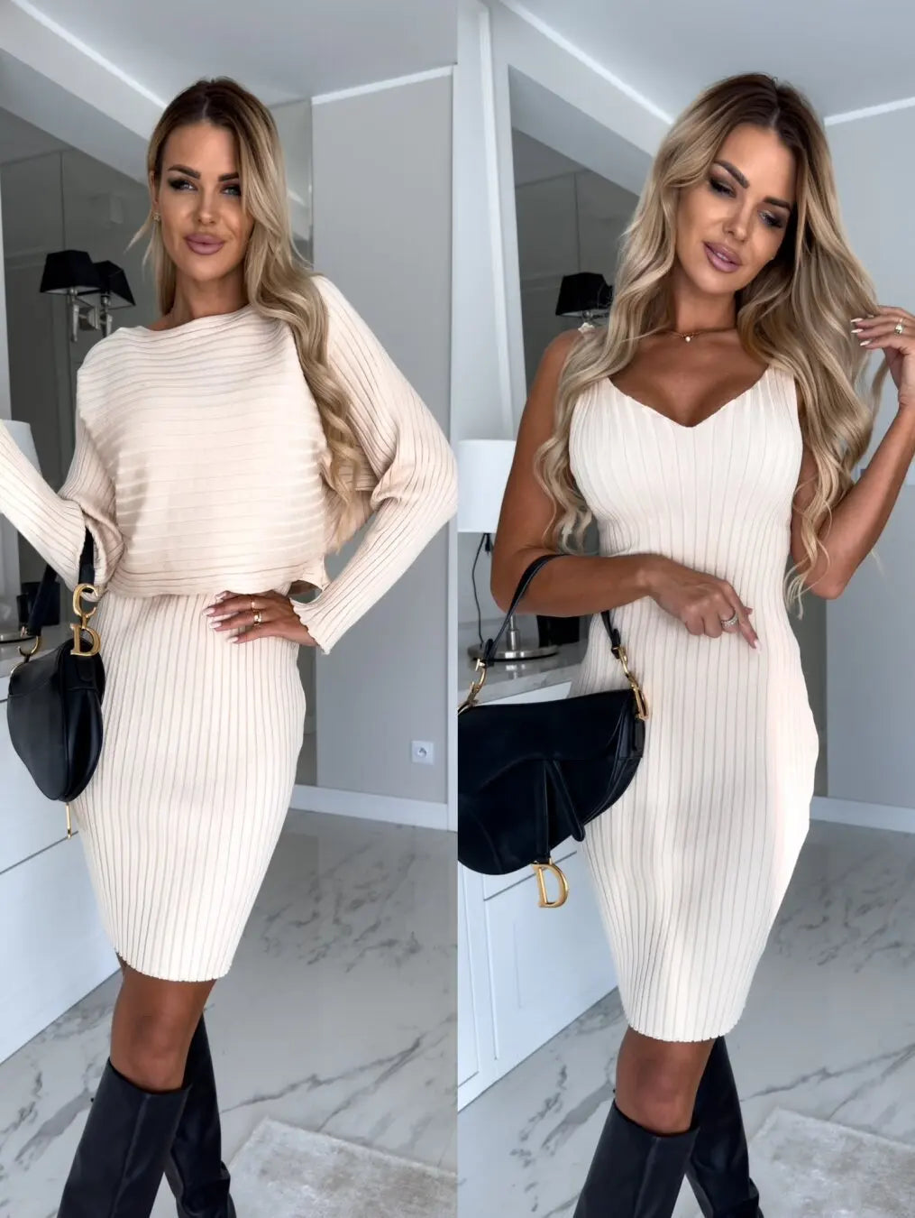 Women’s Autumn Winter 2-Piece Set – Elegant Long Sleeve Pullover & Dress