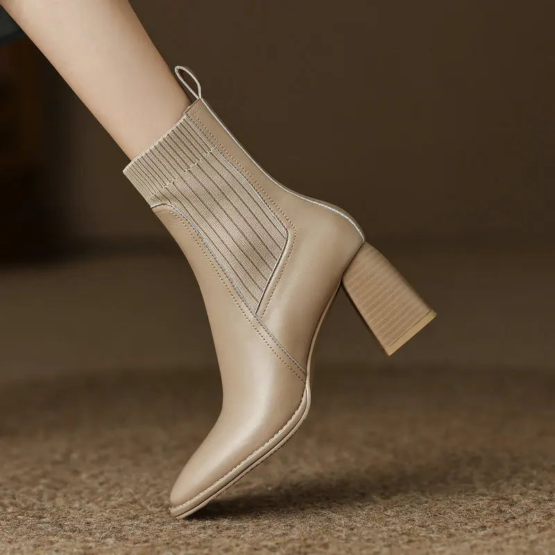 Women’s Genuine Leather Ankle Boots – Knitted High Heel Office Shoes