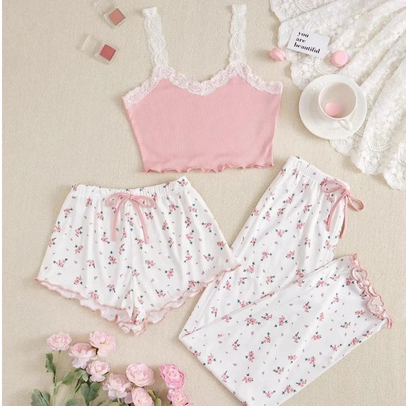 3-Piece Women’s Sleepwear Set – Ribbed Cami, Shorts & Trousers