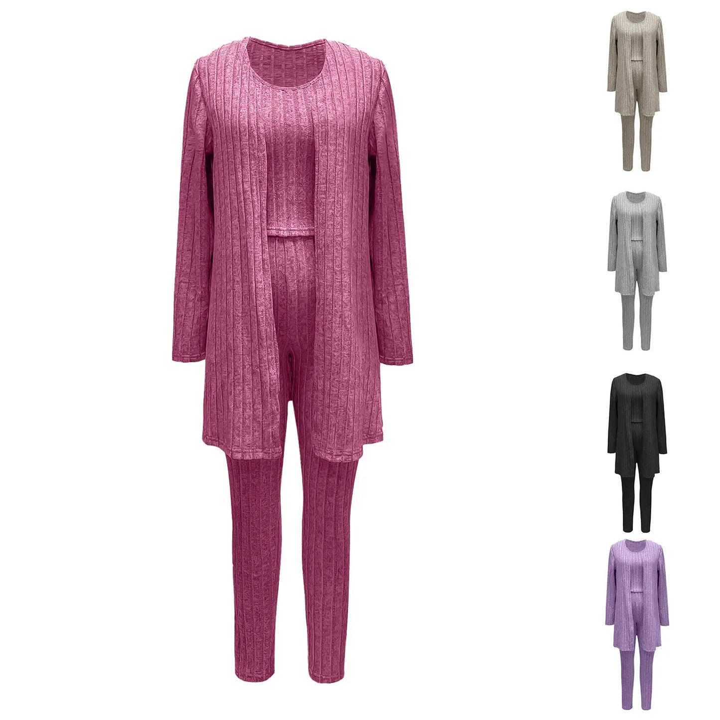 3-Piece Ribbed Knit Pajama Set