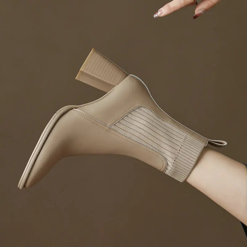 Women’s Genuine Leather Ankle Boots – Knitted High Heel Office Shoes
