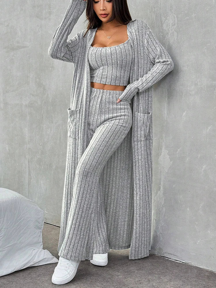 3-Piece Knit Lounge Set – High Waist Flare Pants, Crop Top & Duster Cardigan
