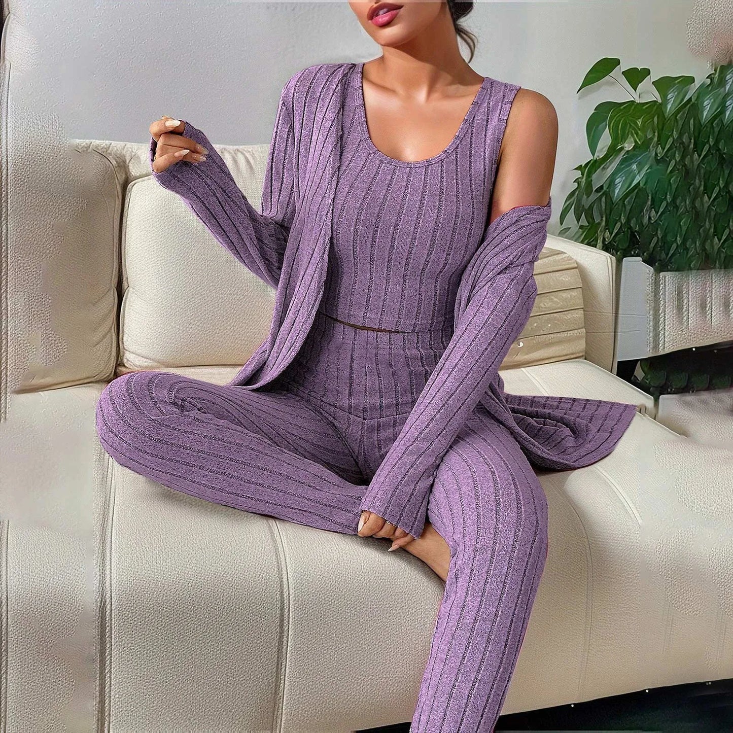 Three-Piece set - Solid Cardigan, Pant and Vest