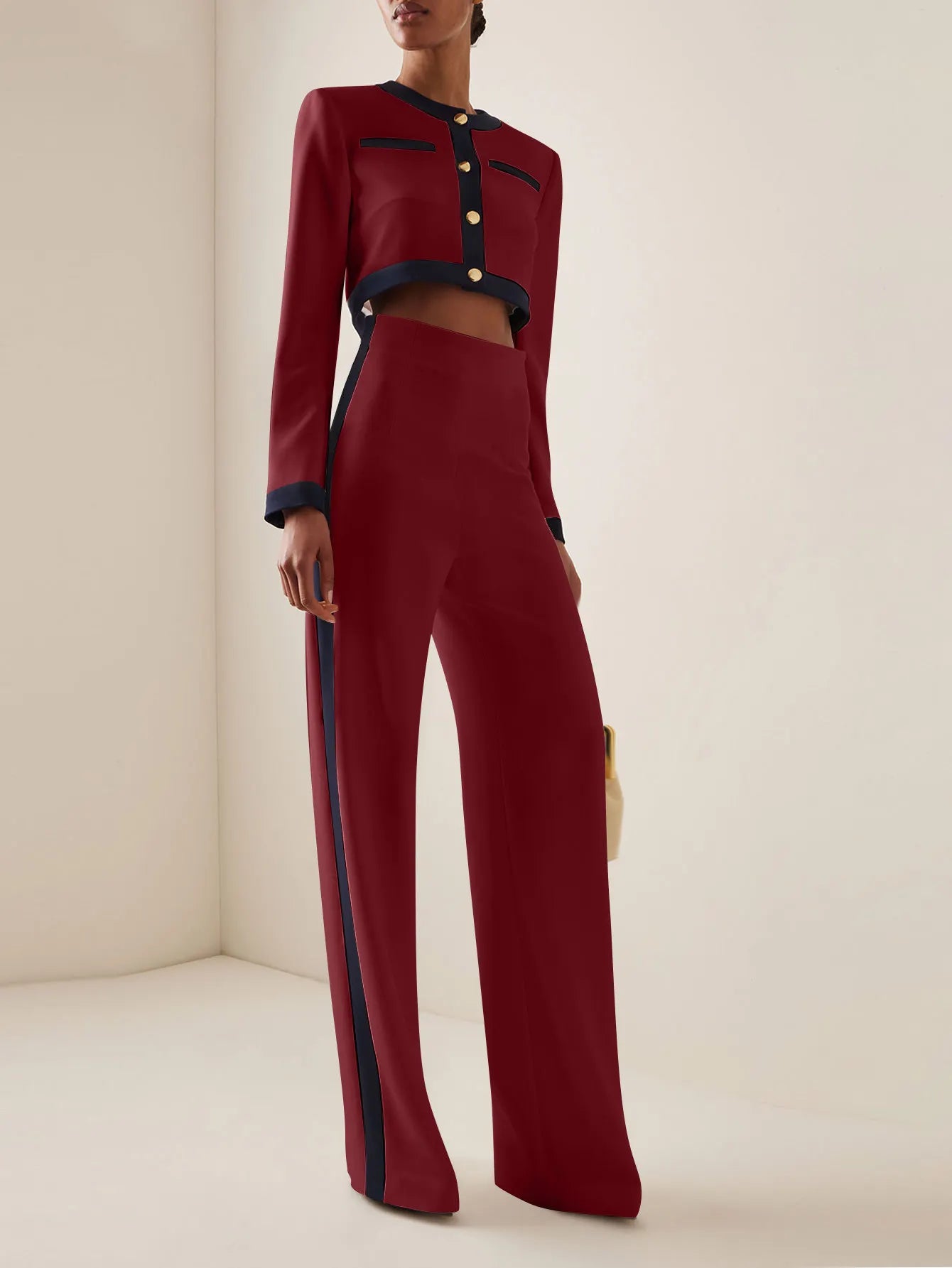 Two-Piece Set: Round Neck Long Sleeve Button-Up Top with Loose Wide-Leg Pants