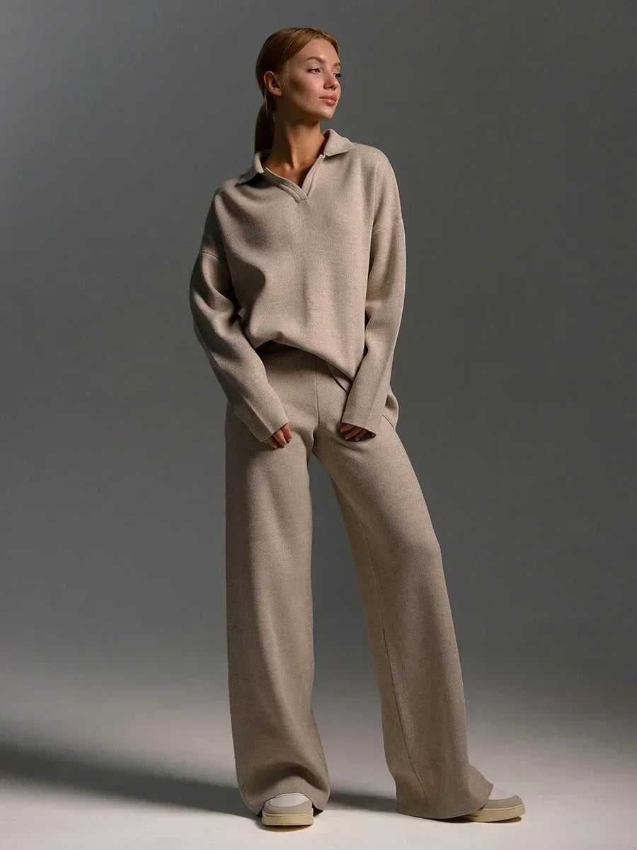 Two-Pieces Set -  Polo Neck Sweater & Wide Leg Pants Knitted Outfit