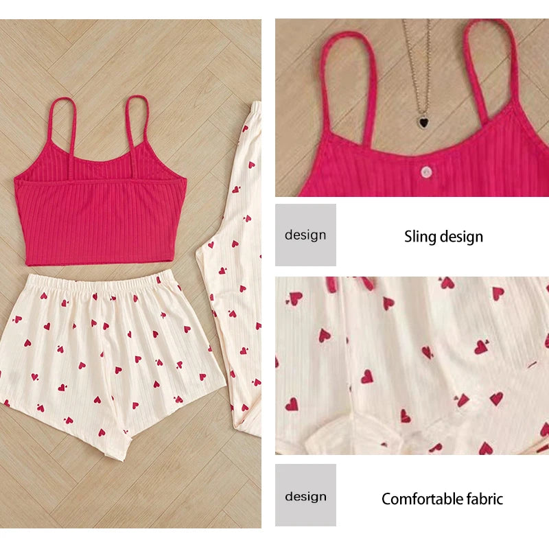 3-Piece Women’s Sleepwear Set – Ribbed Cami, Shorts & Trousers