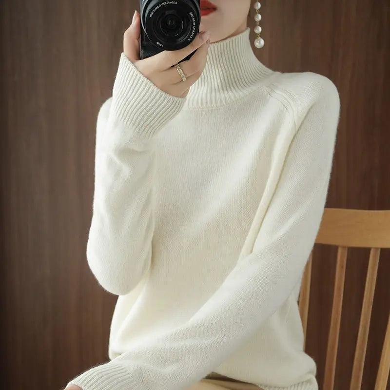 Turtleneck Pullover Fall/winter 2024 Cashmere Sweater Women Pure Color Casual Long-sleeved Loose Pullover Bottoming Women's - Mammalook