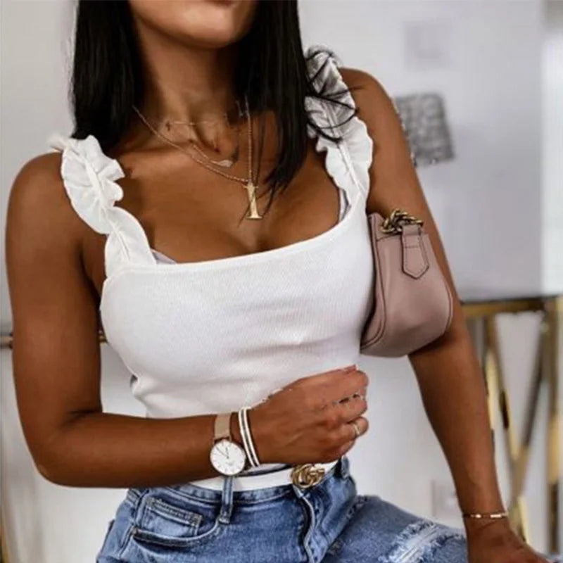 Tank Tops - Square Collar Ribbed Slim Ruffles
